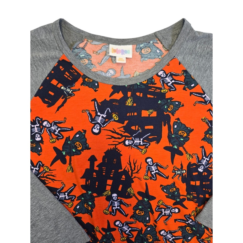 LuLaRoe Randy Womens 3XL Halloween Raglan Tee Skeleton Witch Haunted House